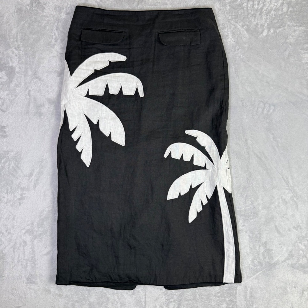 Farm Rio Midi Skirt Womens Large Black White Linen Palm Tree Applique Luxury